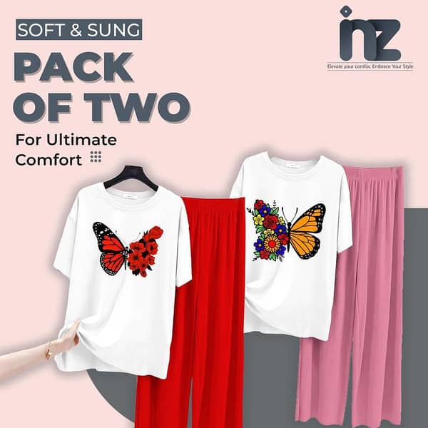 Set of 2 Women's Nightwear - Girls' Pajama and T-Shirt Sleep Suit, Comfortable Loungewear for Sleeping, Night Dress for Women