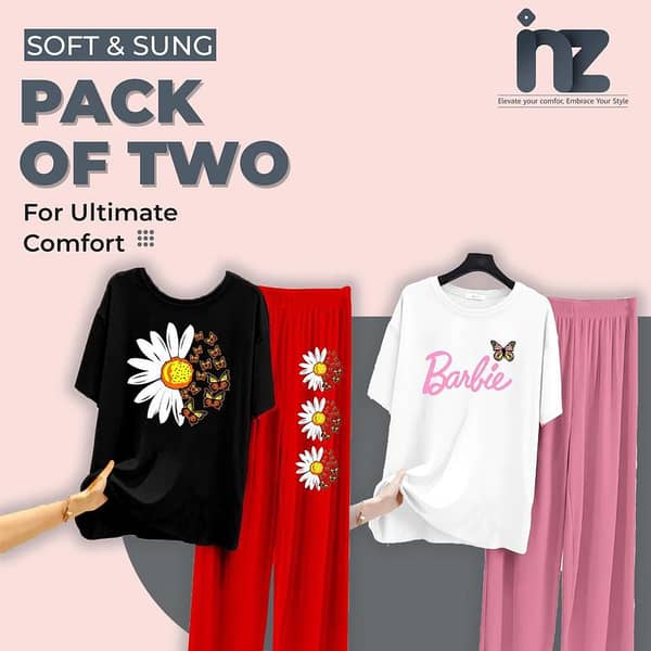 Set of 2 Women's Nightwear - Girls' Pajama and Jersey Top Sleep Set with Love Print, Comfortable Sleep Dress for Relaxing and Sleeping