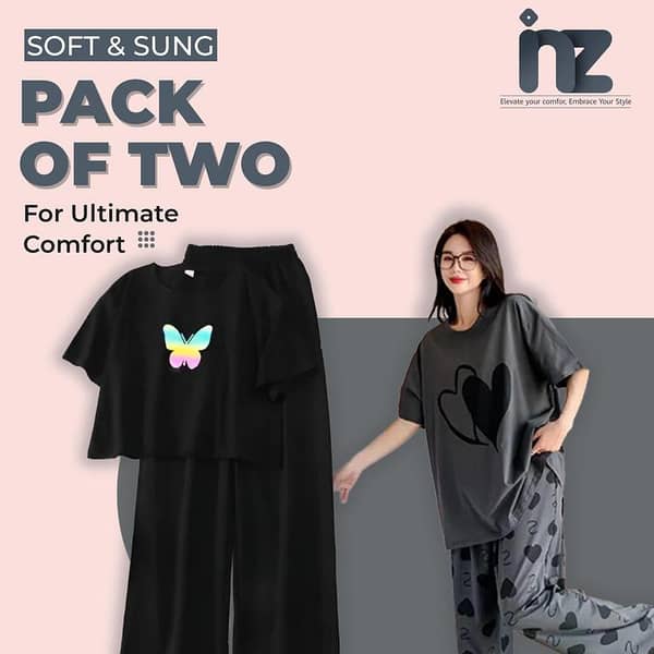 Set of 2 Women's Night Suits - Sleepwear for Girls and Women, Pajama and T-shirt Lounge Set, Comfortable Night Dress