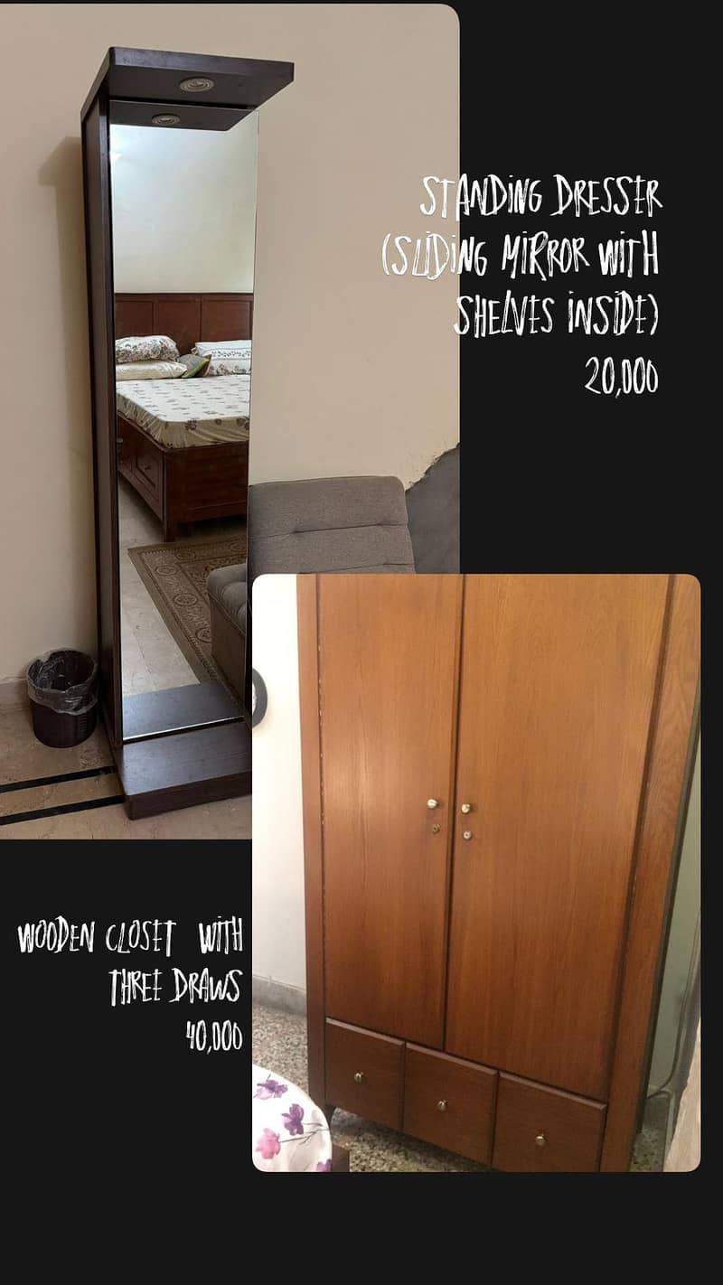 standing mirror shelf inside and cupord with three drawers separate av 0