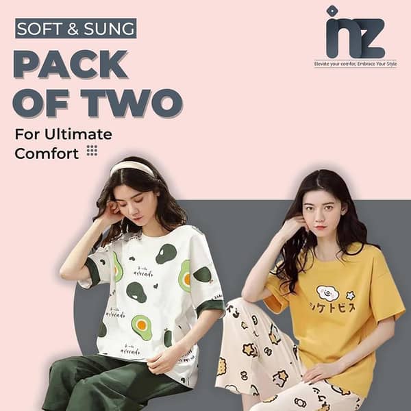 Set of 2 Women's Nightwear: Love Print Pajama and Half Sleeve Jersey Sleepwear for Comfortable Sleeping and Lounging