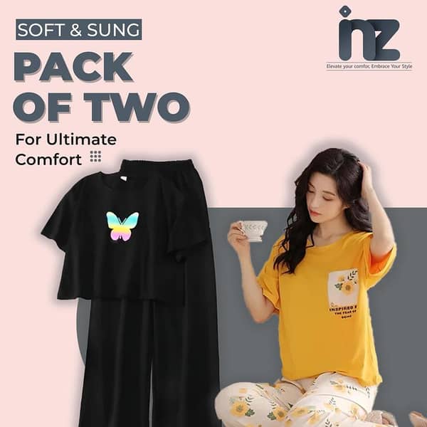 Set of 2 Women's Nightwear - Pajama and T-Shirt Sleepwear for Girls and Women with Love Print