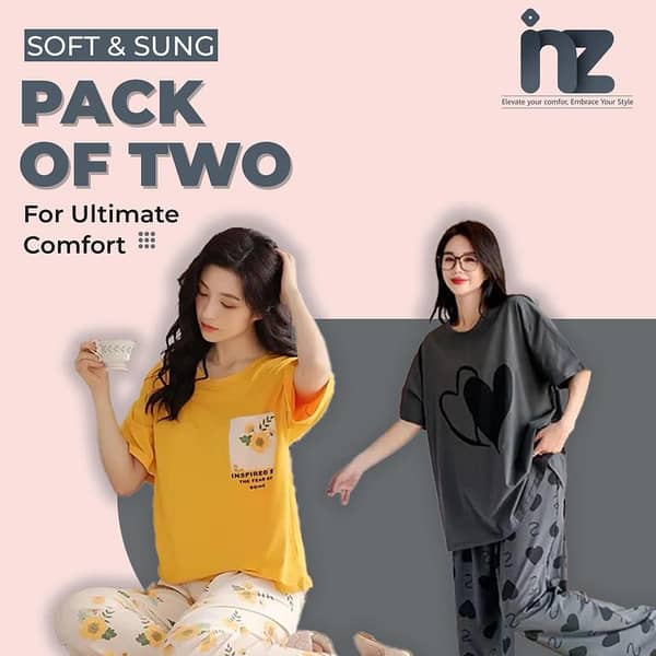 Set of 2 Women's Night Suits - Girls Sleepwear with Pajama and T-Shirt, Comfortable Loungewear for Sleeping, Available in Free Size and Different Colors