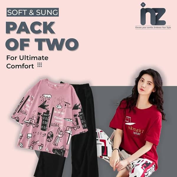Set of 2 Women's Night Wear: Comfortable Sleepwear for Girls and Women, Featuring a Pajama and T-Shirt, Ideal for Lounging and Sleeping