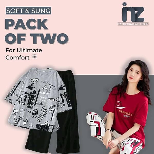 Set of 2 Women's Nightwear - Girls Sleep Suit with Pajama and Half Sleeve T-Shirt, Comfortable Loungewear for Sleeping