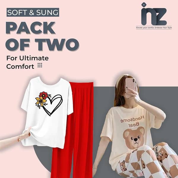 Set of 2 Women's Nightwear: Pajama and T-shirt Sleepwear for Girls and Women, Comfortable Loungewear, Night Dress with Love Print