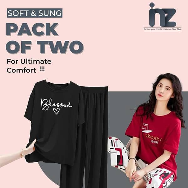 Set of 2 Women's Night Wear - Sleep Suit for Girls and Women, Comfortable Pajama and T-Shirt Set, Versatile Night Dress
