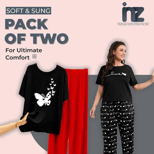 Set of 2 Women's Night Suits - Sleepwear for Girls, Pajama and T-Shirt Loungewear, Comfortable Night Dress