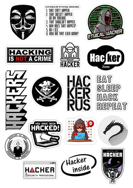 Black & White Hackers Stickers Pack - 17 Stickers for Laptop and Phone Back Cover - 3-4 cm Each