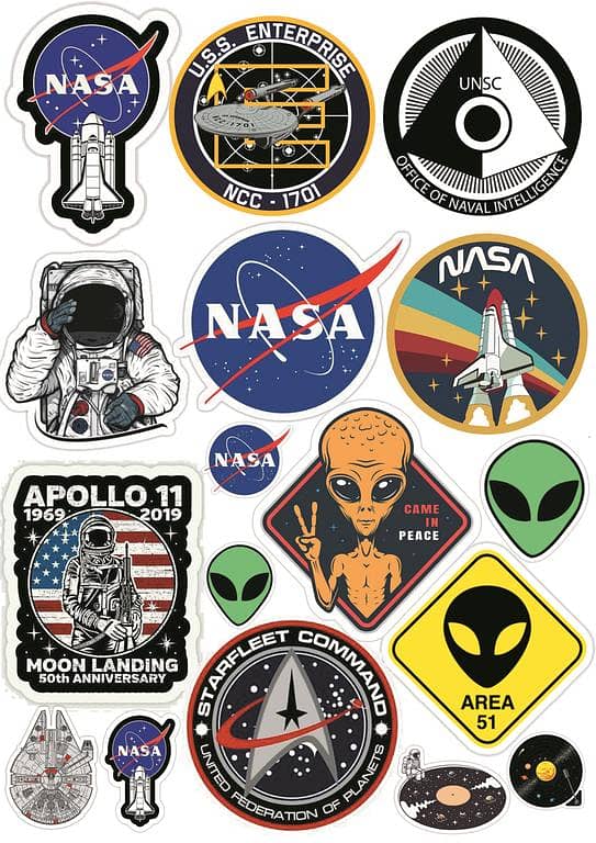 NASA Pack of 17 Stickers - Space and Alien Designs for Laptops and Mobiles, 4 to 5 cm Each