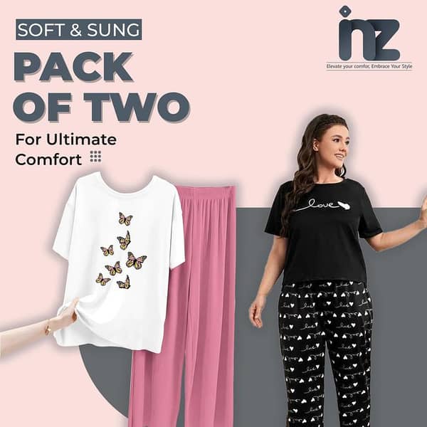 Set of 2 Women's Night Wear - Girls and Women's Pajama and T-Shirt Sleep Suit, Comfortable Loungewear and Night Dress