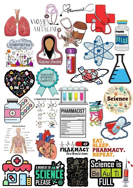Pack of 30 Medical Stickers for Boys and Girls - Chemist and Pharmacist Stickers for Laptops and Mobile Devices - 4 CM Size