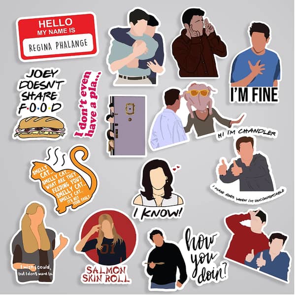 Pack of 15 F. R. I. E. N. D. S TV Show Stickers – Featuring Iconic Quotes and Characters for Laptops, Phones, and More