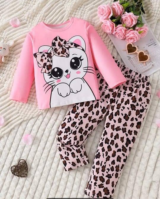 Girls' Pink Cat Print T-Shirt and Leopard Print Trousers Set (Ages 3-10) – Comfortable Cotton Jersey for Nightwear and Loungewear