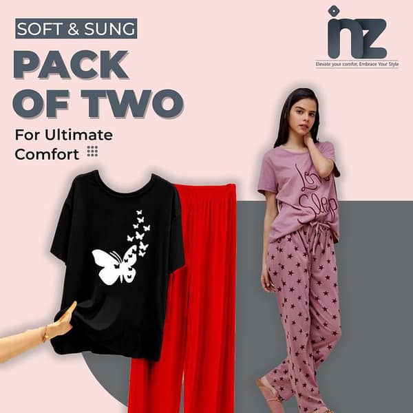 Set of 2 Women's Nightwear: Love Print Pajama and Half Sleeve Jersey Sleep Suit for Girls and Women