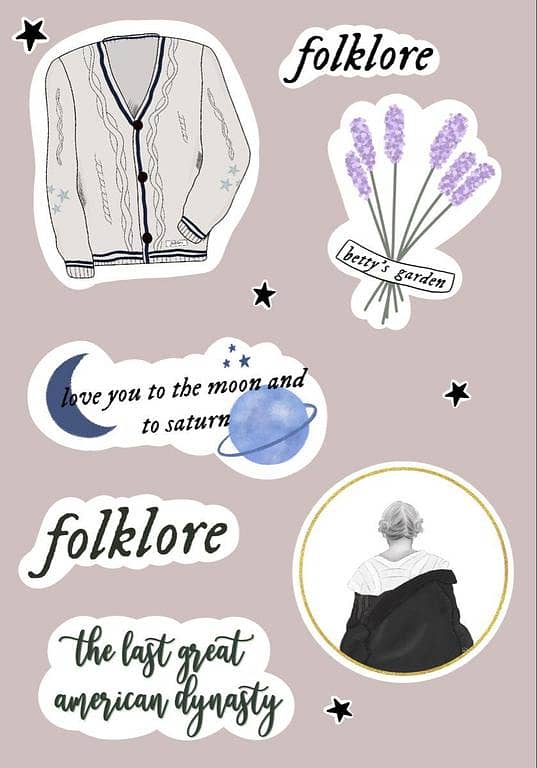 Set of 7 Taylor Swift Folklore Stickers for Mobile and Laptop