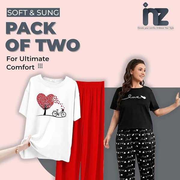 Set of 2 Women's Nightwear - Pajama and T-Shirt Sleep Suit for Girls and Ladies, Cozy Loungewear and Sleeping Dress