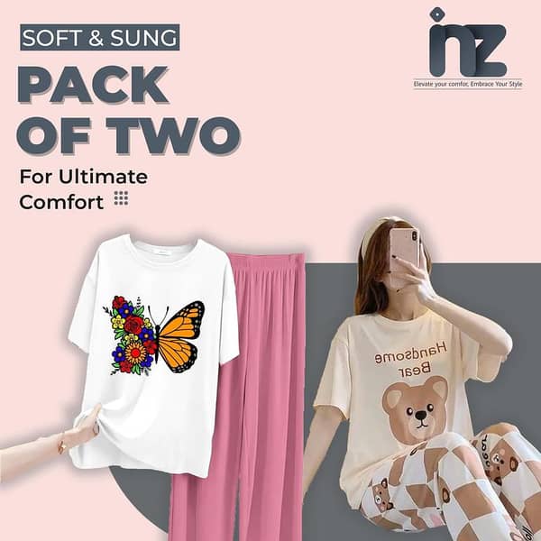 Set of 2 Women's Night Suits, Sleepwear for Girls and Women, Comfortable Pajama and T-Shirt Loungewear, Night Dress for Relaxing and Sleeping