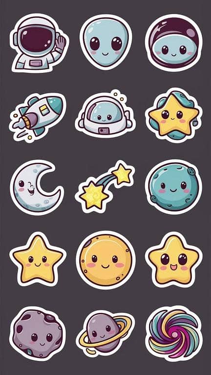 Pack of 15 Space Theme Stickers for Laptop or Kids' Room, 4 cm x 3 cm Each