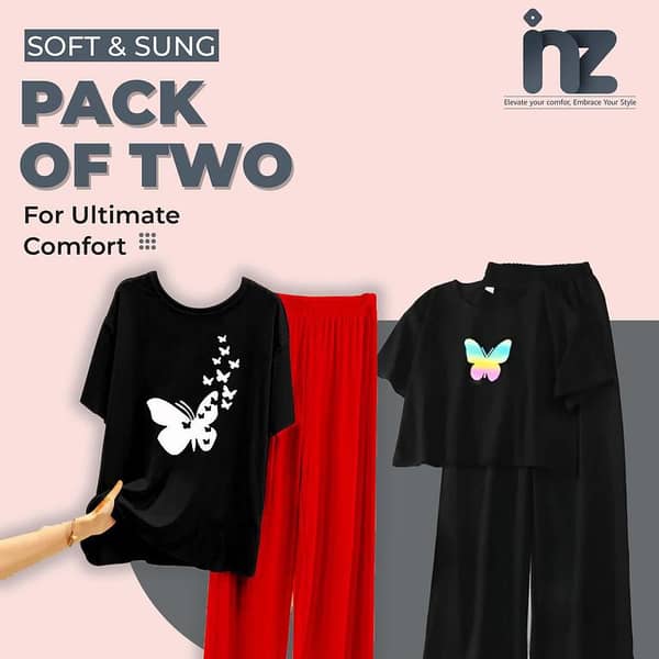 Set of 2 Women's Night Suits - Girls' Sleepwear with Pajama and Jersey T-Shirt, Comfortable Night Dress for Lounging and Sleeping