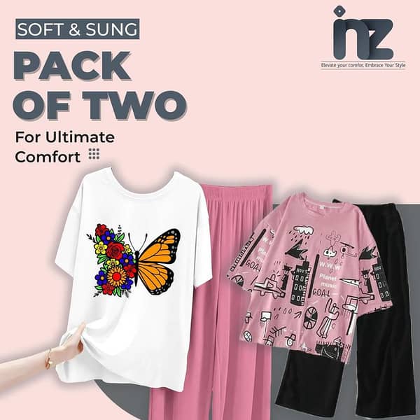 Set of 2 Women's Nightwear - Pajama and T-Shirt Sleep Suit for Girls and Women, Cozy Loungewear with Love Print