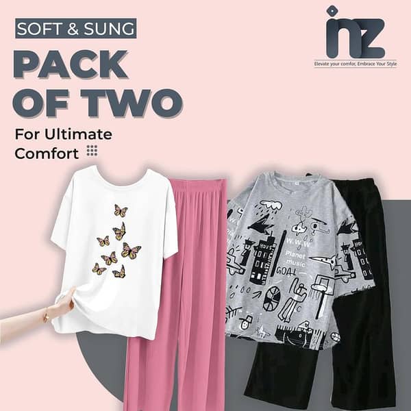 Set of 2 Women's Night Suits - Love Print Sleepwear for Girls and Women, Pajama and T-Shirt Loungewear, Comfortable Night Dress