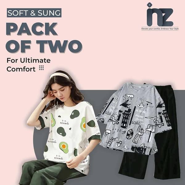 Set of 2 Women's Night Wear - Love Print Pajama and Half Sleeve Jersey Sleepwear for Girls and Women