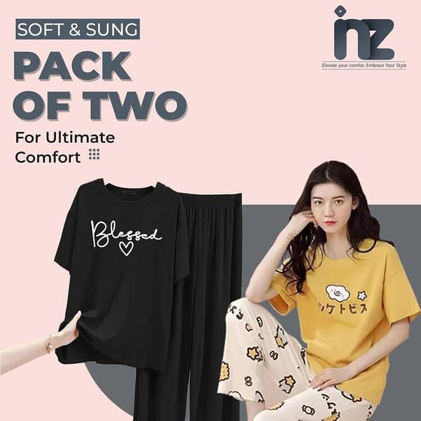 Set of 2 Women's Night Wear - Girls' Sleep Suit with Pajama and Jersey T-Shirt, Comfortable Loungewear and Sleeping Dress for Women