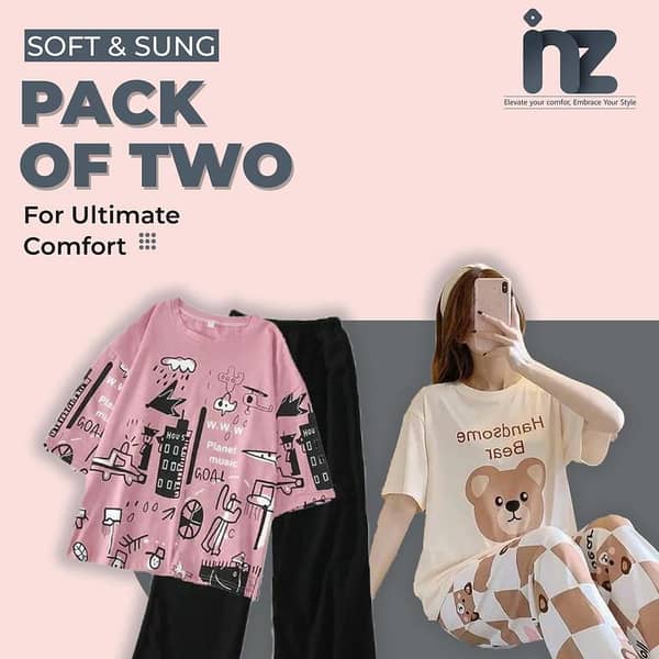 Set of 2 Women's Night Wear - Pajama and T-Shirt Sleep Suit for Girls and Women, Comfortable Loungewear with Love Print