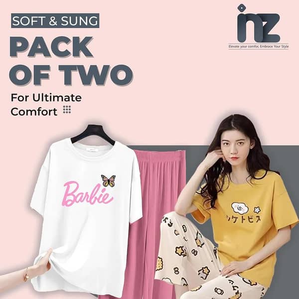 Set of 2 Women's Night Wear - Love Print Pajama and Jersey Sleep Suit for Girls, Comfortable Loungewear and Sleeping Dress
