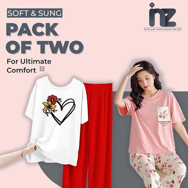 Set of 2 Women's Night Wear - Love Print Pajama and Half Sleeve Jersey Sleepwear for Girls and Women