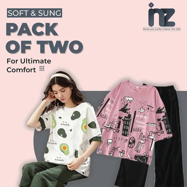 Set of 2 Women's Night Wear - Girls' and Ladies' Pajama and T-Shirt Sleepwear, Comfortable Loungewear, Night Dress for Relaxation and Sleep