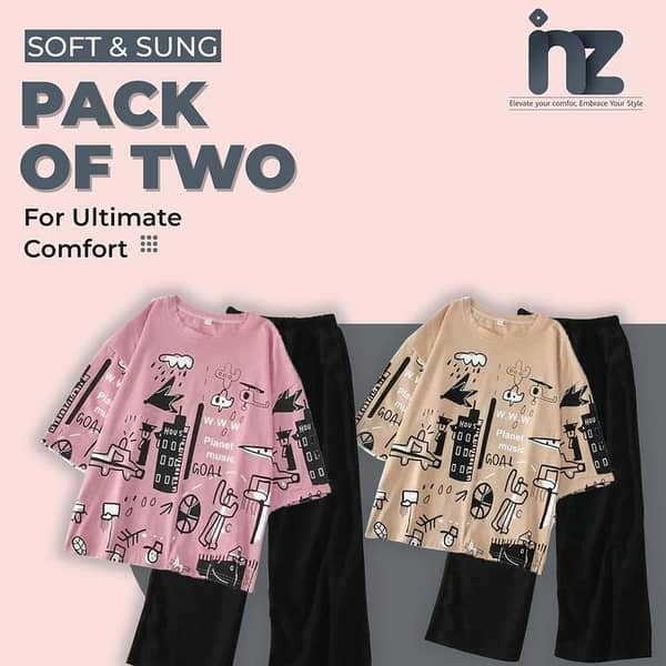 Set of 2 Women's Night Wear - Girls and Women's Sleeping Dress, Pajama and T-Shirt Sleepwear, Casual Night Dress