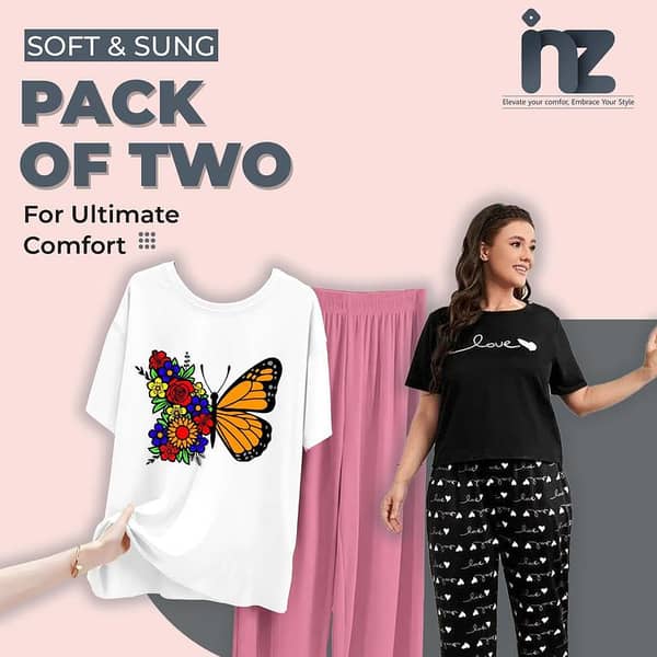 Women’s Night Suit Set: Pack of 2 Pajamas and T-Shirts for Girls and Women, Comfortable Sleepwear with Love Print