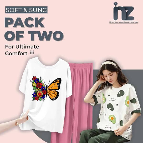 Women's Pack of 2 Night Suits: Comfortable Sleepwear Set with Jersey T-Shirt and Pajama for Girls and Women