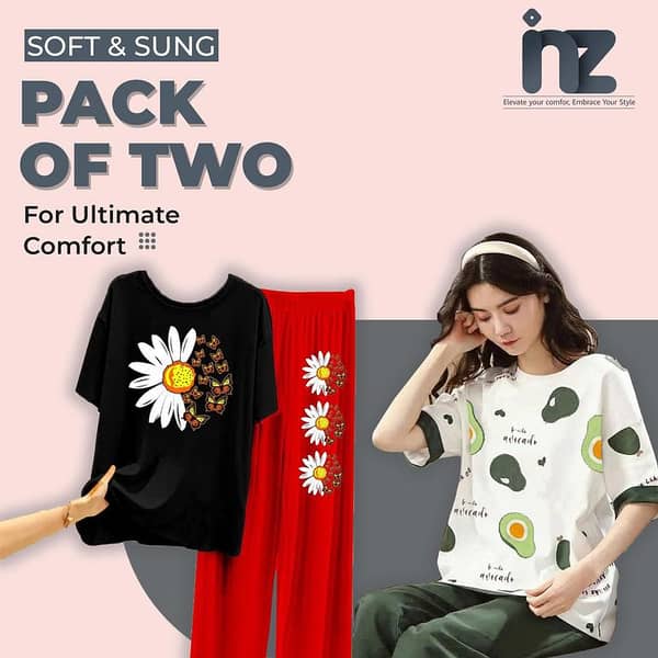 Women's Nightwear Set: Pack of 2 Love Print Pajama and T-Shirt Sleepwear for Girls and Women