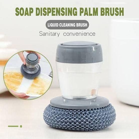 2 in 1 Kitchen Soap Dispensing Palm Brush for Cleaning Dishes and Pots, Multifunctional Pressing Brush with Handle (Pet Pot Brush)