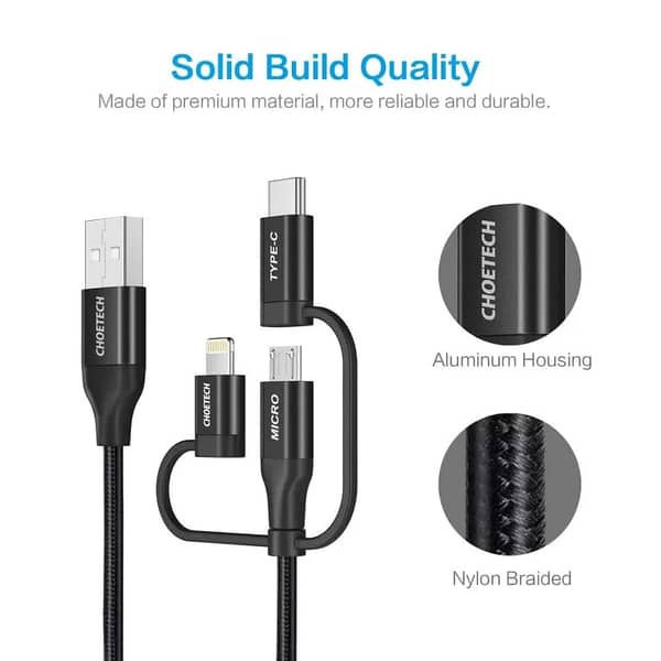 Choetech 3-in-1 USB Cable, 1.2m Braided Charging Cable with Lightning, Type C, and Micro USB Connectors - MFi Certified - Black - IP0030