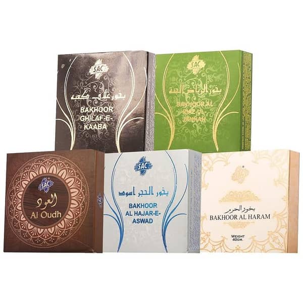 Bakhoor Set of 5 Incense Varieties (Riaz-ul-Jannah, Ghilaf-e-Kaaba, Al Oudh, Al Haram, Hajr e Aswad) - 60g Each