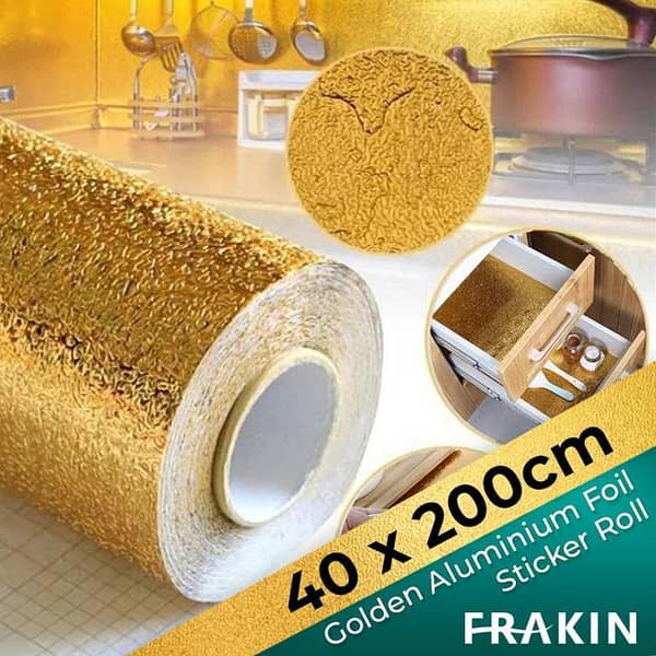 FRAKIN 40x200cm Self-Adhesive Aluminium Foil Sheet - Waterproof and Heat Resistant Sticker for Kitchen Walls, Drawers, Shelves, and Furniture in Golden