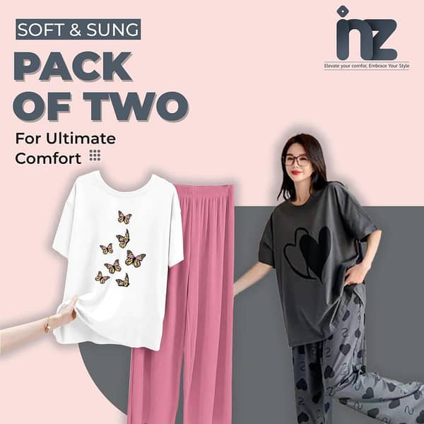 Set of 2 Women’s Night Wear - Love Print Pajama and Jersey Top for Comfortable Sleep and Lounging