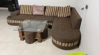 L shape sofa set with table and stools