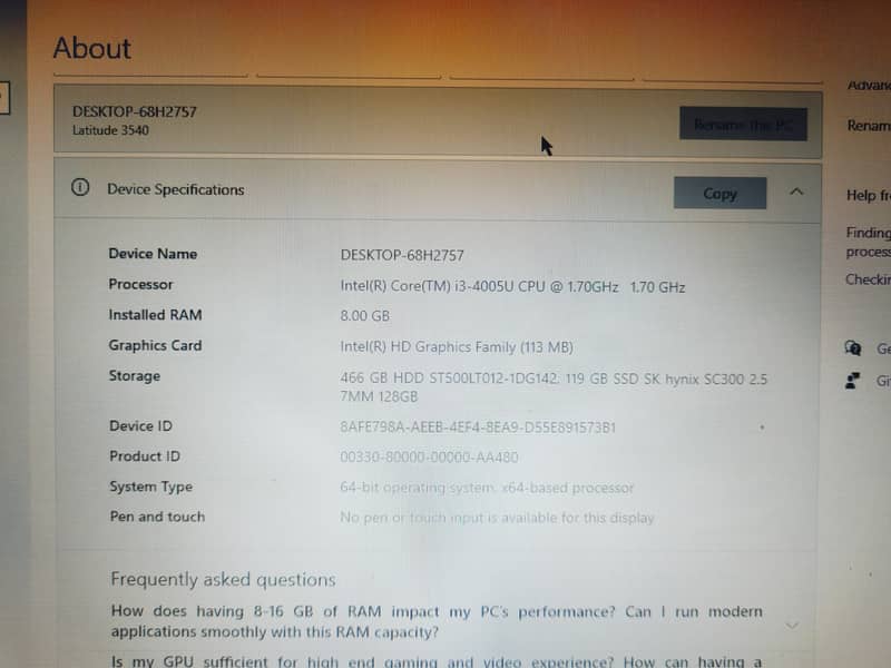Dell Latitude 3540 Intel (R) Core (TM) i3-4005U CONTACT 03349929211 3