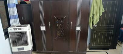 wooden bed set with king bed, side tables, wardrobe Almari &  Dresser