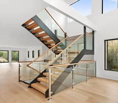 Modern, frameless or minimal frame, clear glass with aluminum support