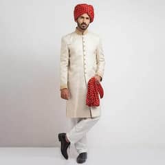 Beige Colour Pure Jamawar Atlas Sherwani