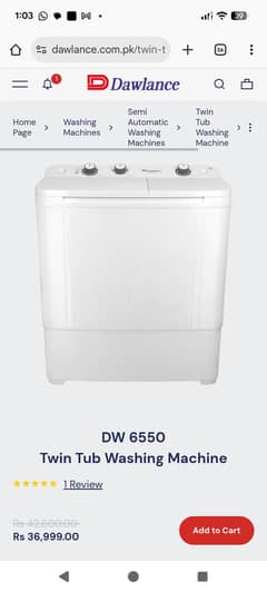 DW 6550 Twin Tub Washing Machine – Brand New (Unboxed) – Rs. 36,000