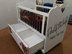 Like-New Baby Cot with Mattress, Drawers & Teddy Bear Art