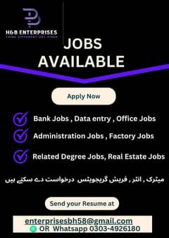 Jobs Available for Fresher Graduates and matric inter pass.