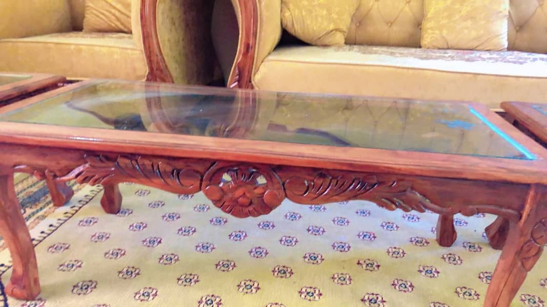 "Elegant Wooden Sofa Set with Center & Side Tables – Chinioti Style 4